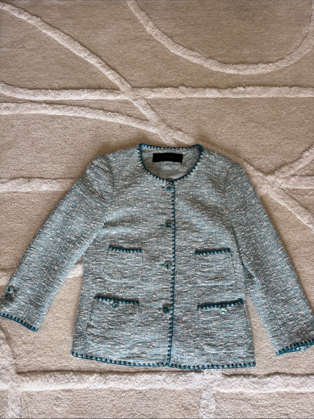 Zara Light Aqua Tweed Women's Jacket with Trim